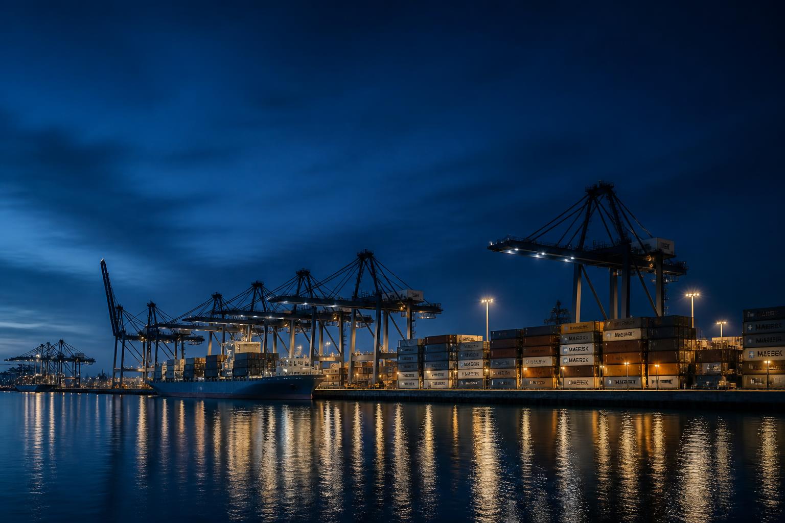 International container terminal at blue hour with gantry cranes and stacked containers