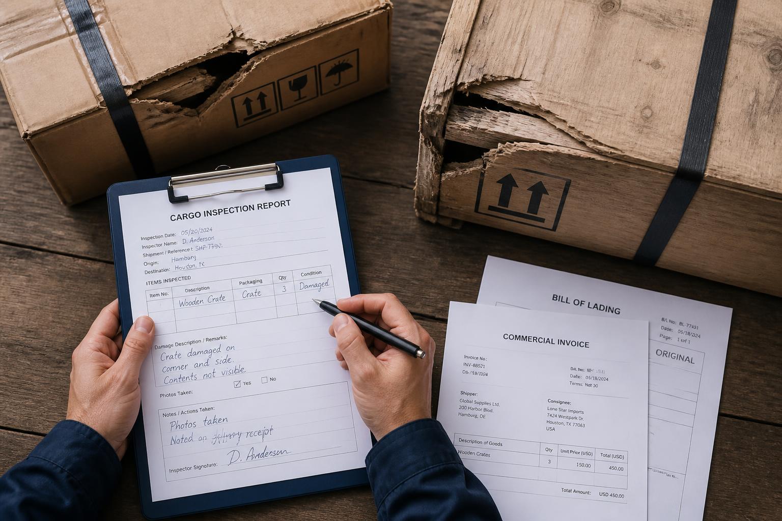Inspector reviewing cargo inspection report and shipping documents alongside damaged crates